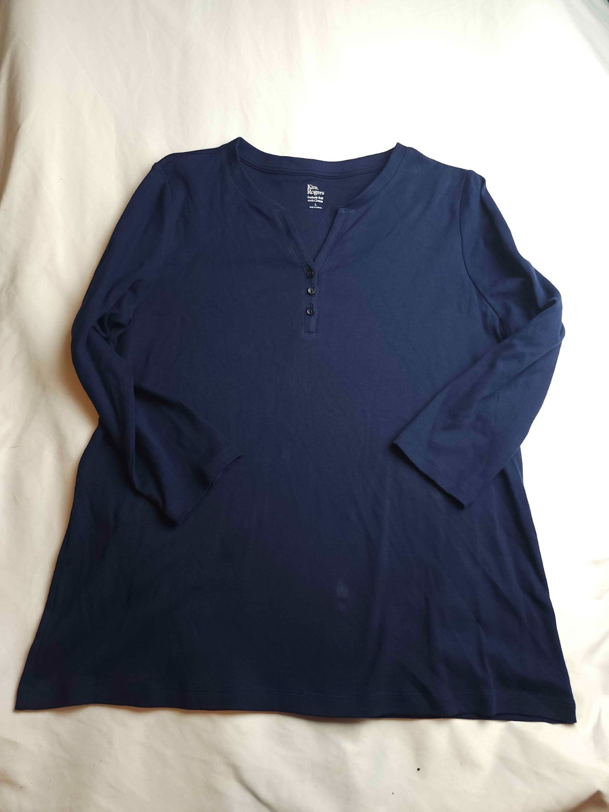 Kim Rogers Top Womens L Blue Henley Minimalist Coastal Chic Modern Classic