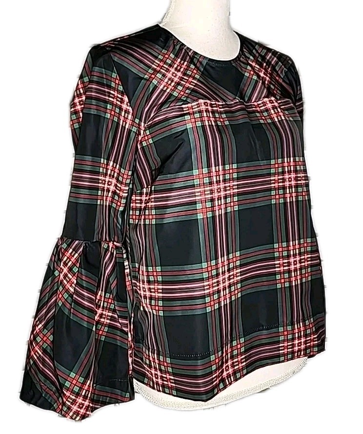 NWT Free Assembly Women’s Long Bell Sleeve Plaid Blouse Top Size XS Multicolor