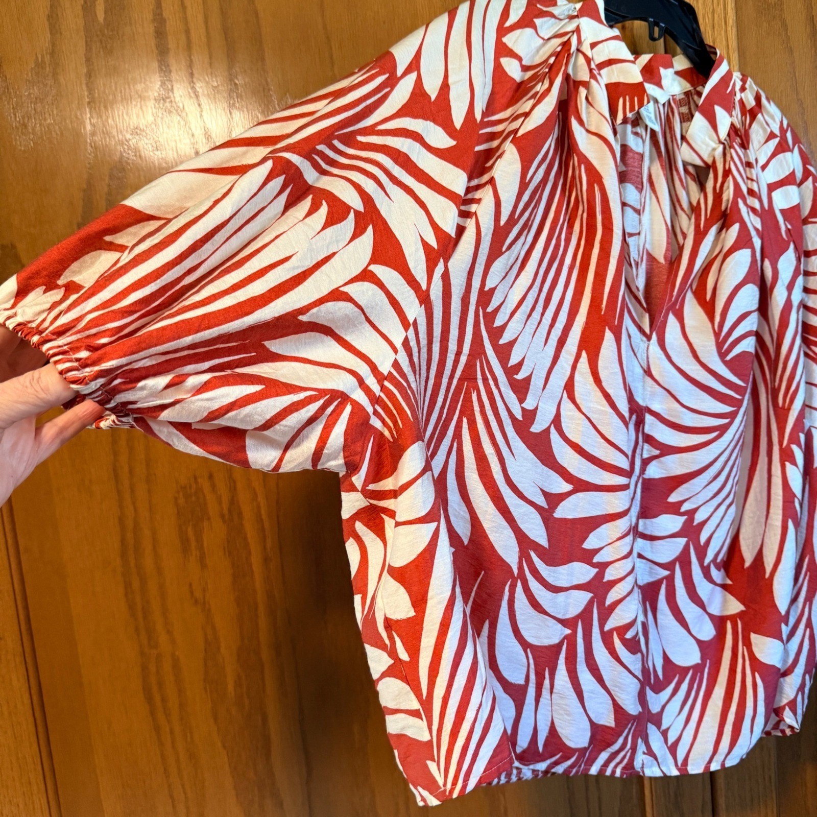 Terracotta White XL V-Neck Palm Leaf Print Balloon Sleeve Blouse Top Floral
