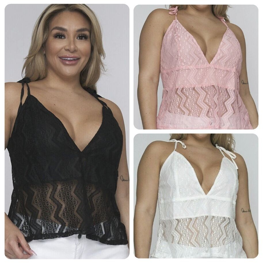 Lot of 3 Black Pink White LACE Tank Tops SIZE 2XL Womens Plus V NECK Tie Straps