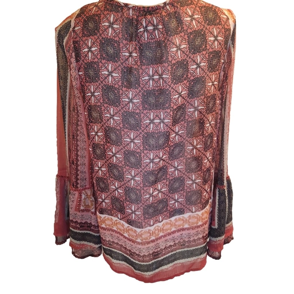 Knox Rose Ethnic Patterned Tunic in Coral Browns Gray Sz: S Oversized Flowy Boho
