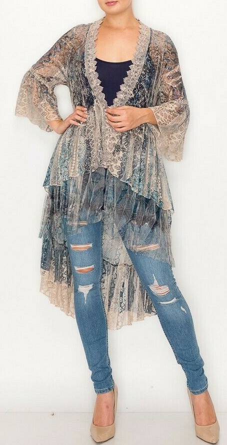 ORIGAMI cardigan LACE CROCHET BOHEMIAN WESTERN DUSTER WRAP SM-4XL KIMONO navy