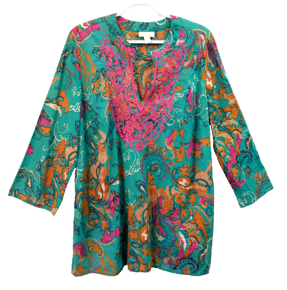 Charter Club Women’s Embroidered Tunic V-Neck Cotton Turquoise Pink Top – 14