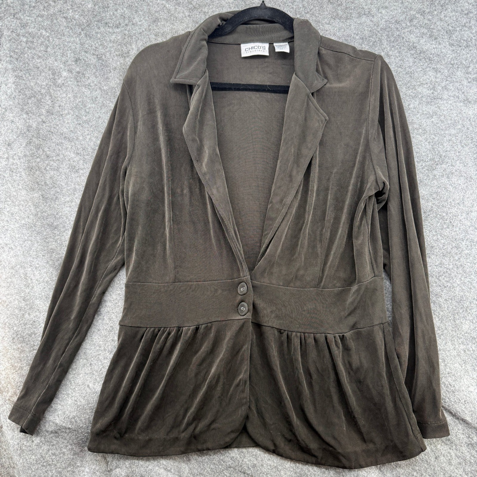 Chico’s Travelers Peplum Blazer Women Size 1 Black Notched Lapel Button Front