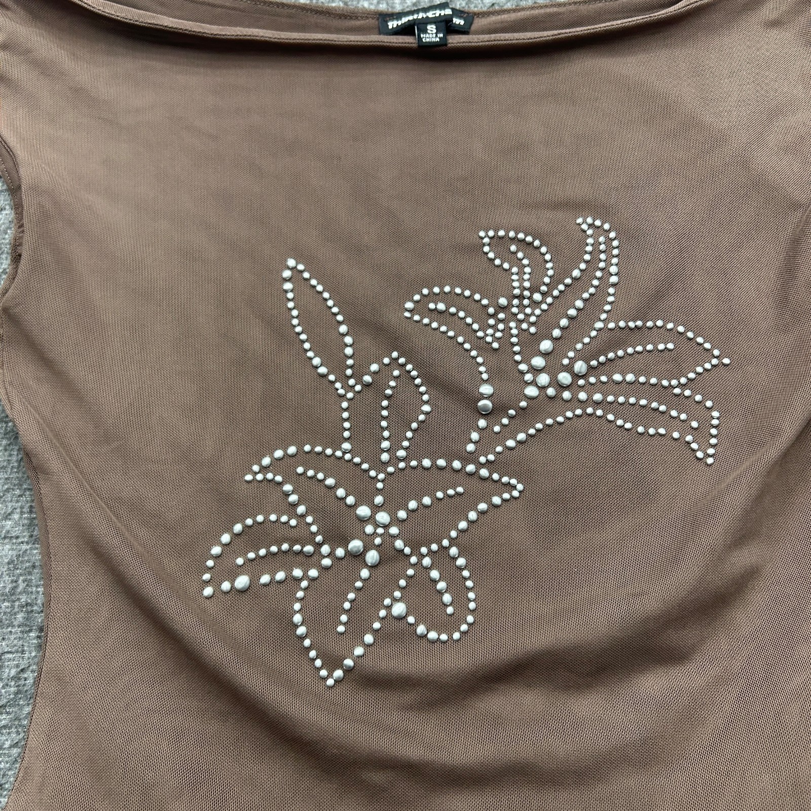 Third Charm Brown Sheer Mesh Studded Floral Off The Shoulder Top Y2K S
