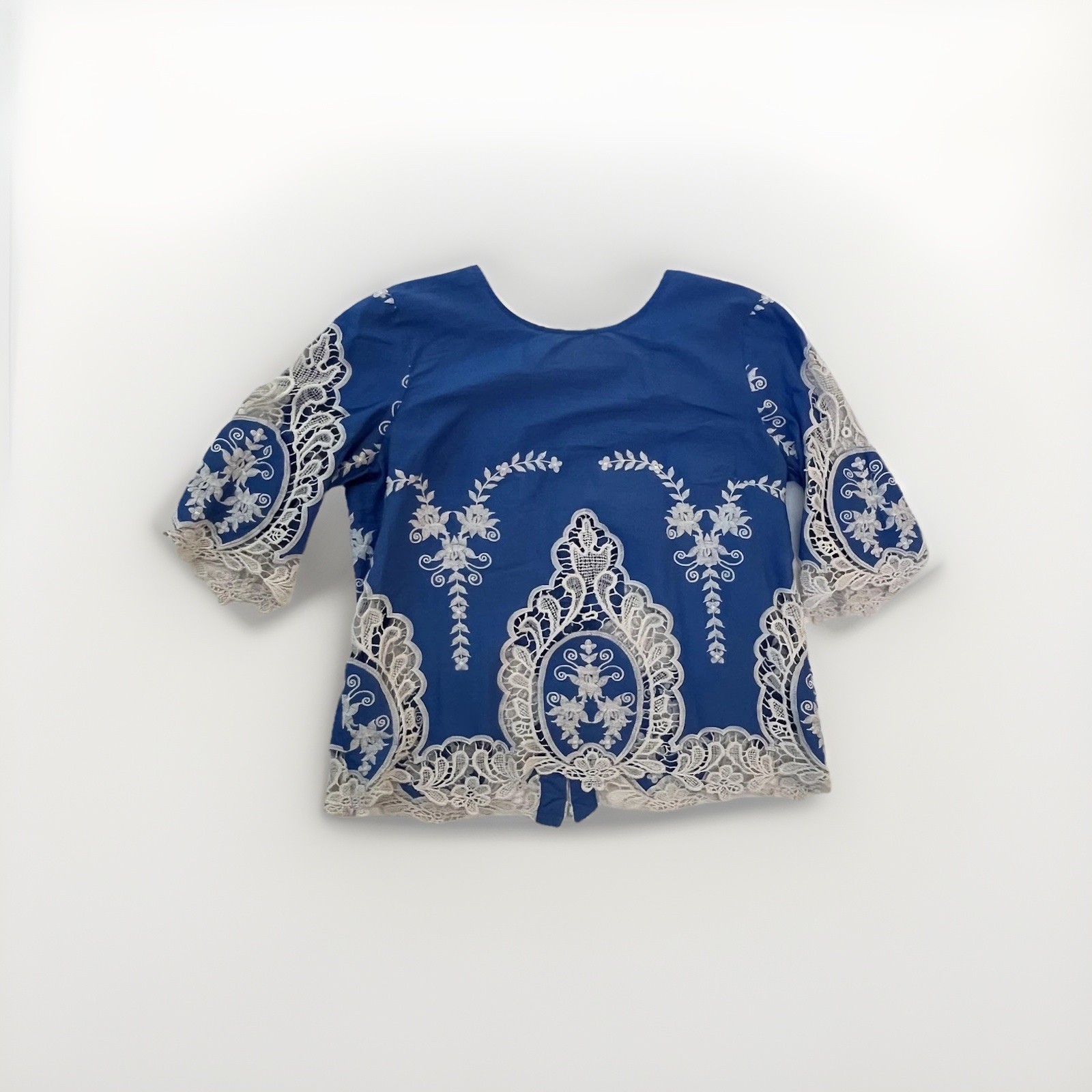 Boho Embroidered Lace Cotton Blouse Womens Small Blue Crochet Floral Summer Top