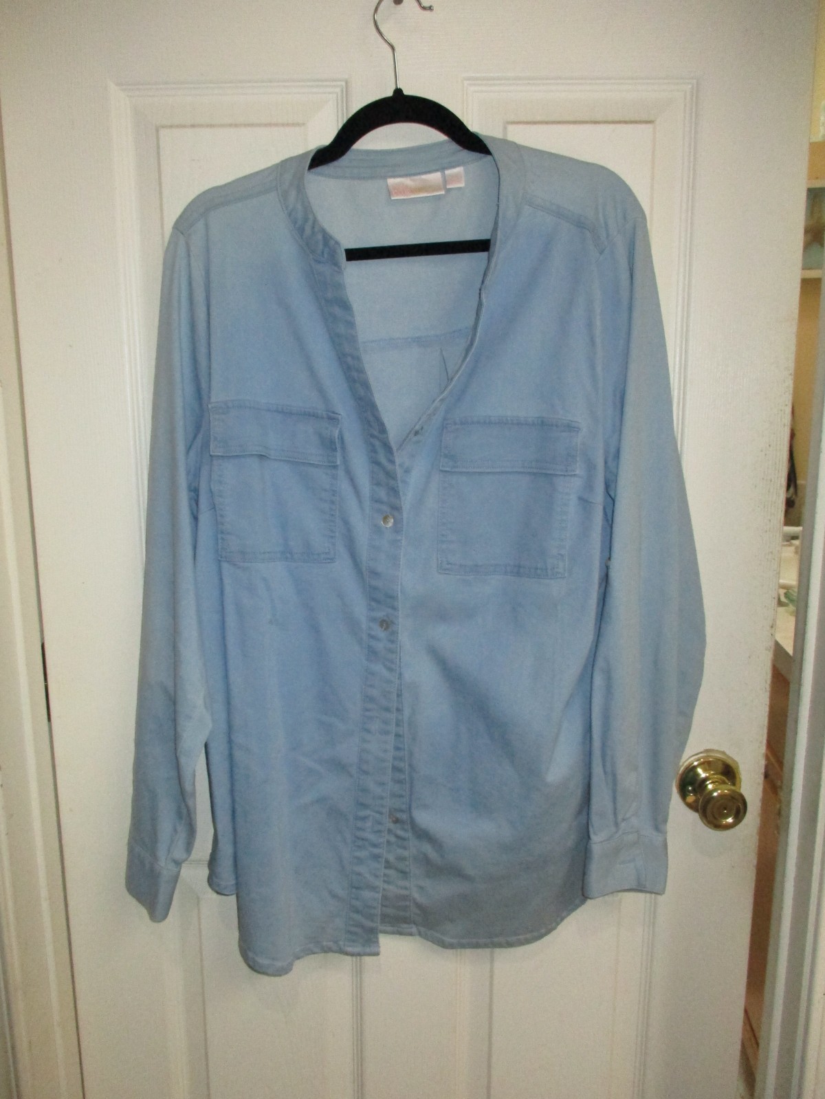 Belle Kin Gravel Blouse Blue Denim Long Sleeve Button Top Collarless Pockets- L