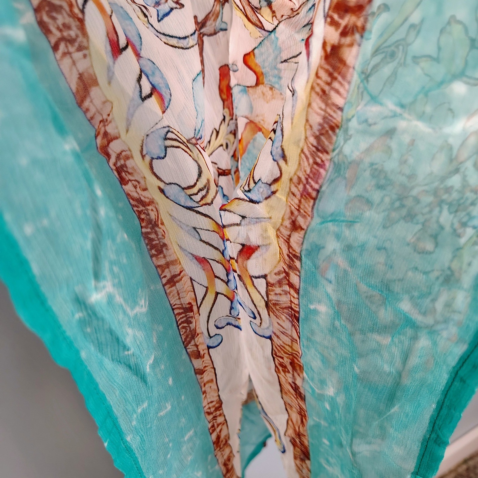 Soft Surroundings Cupro Kimono Wrap Botanical Bird Print Teal Bead Trim S/M