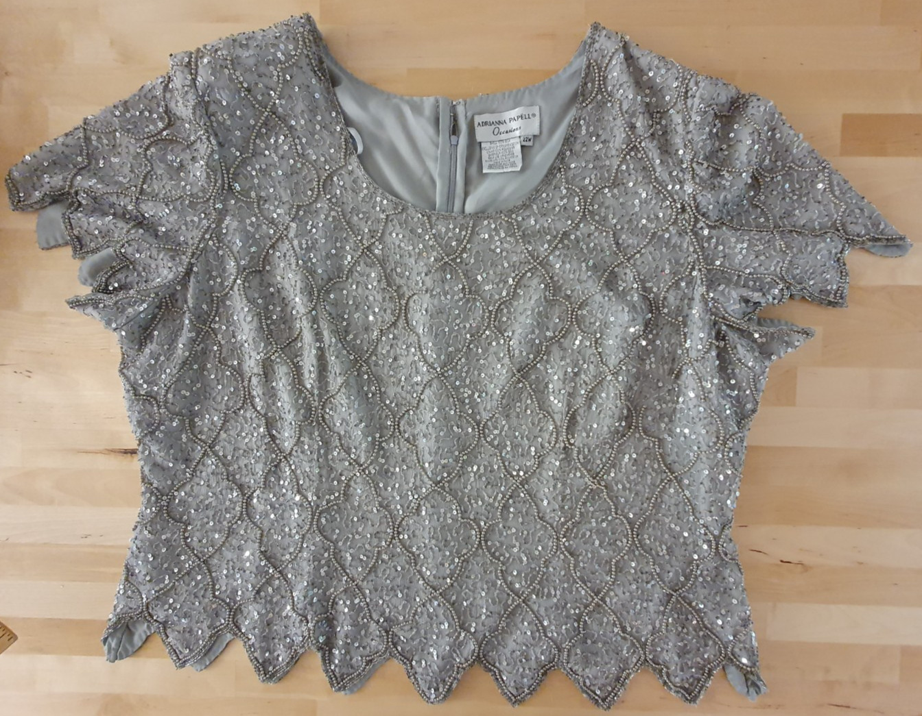 Adrianna Papell Occasions Silk Beaded Sequin Evening Top Silver Gray Size 22W