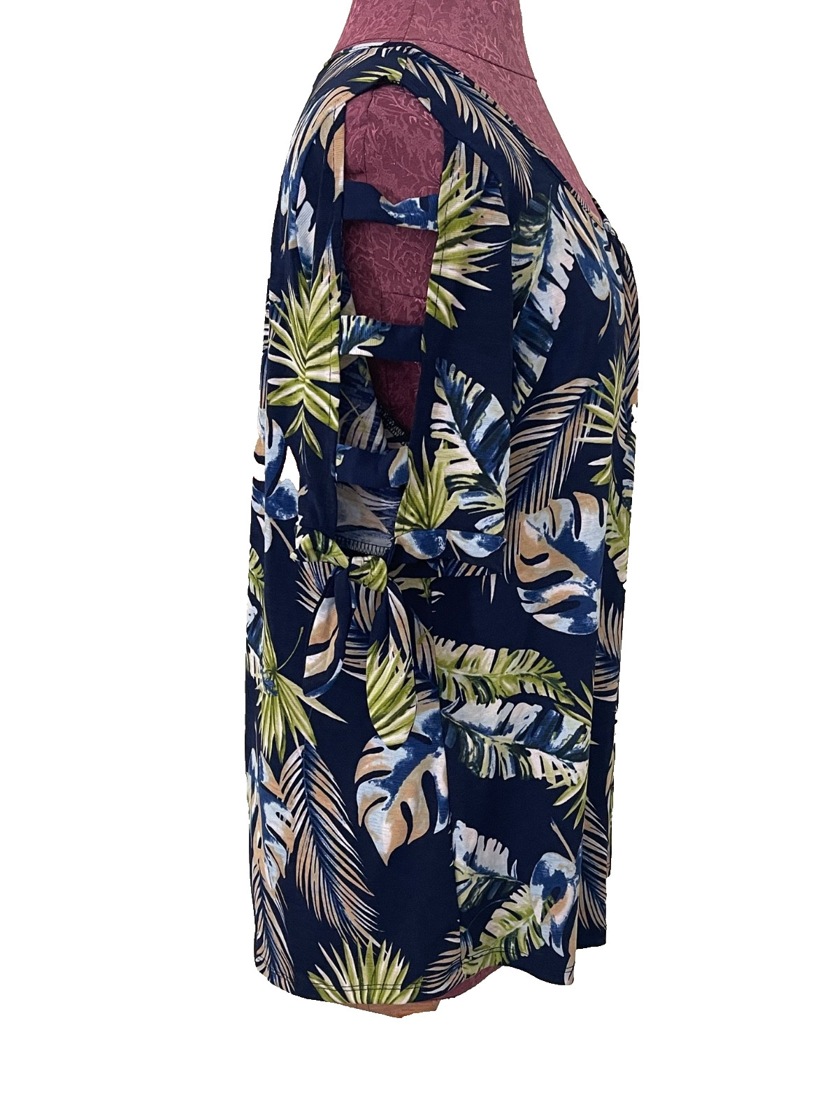 LATE AUGUST Women’s Top Blue Tropical Leaf Cold Shoulder Tie Sleeve Stretch XL