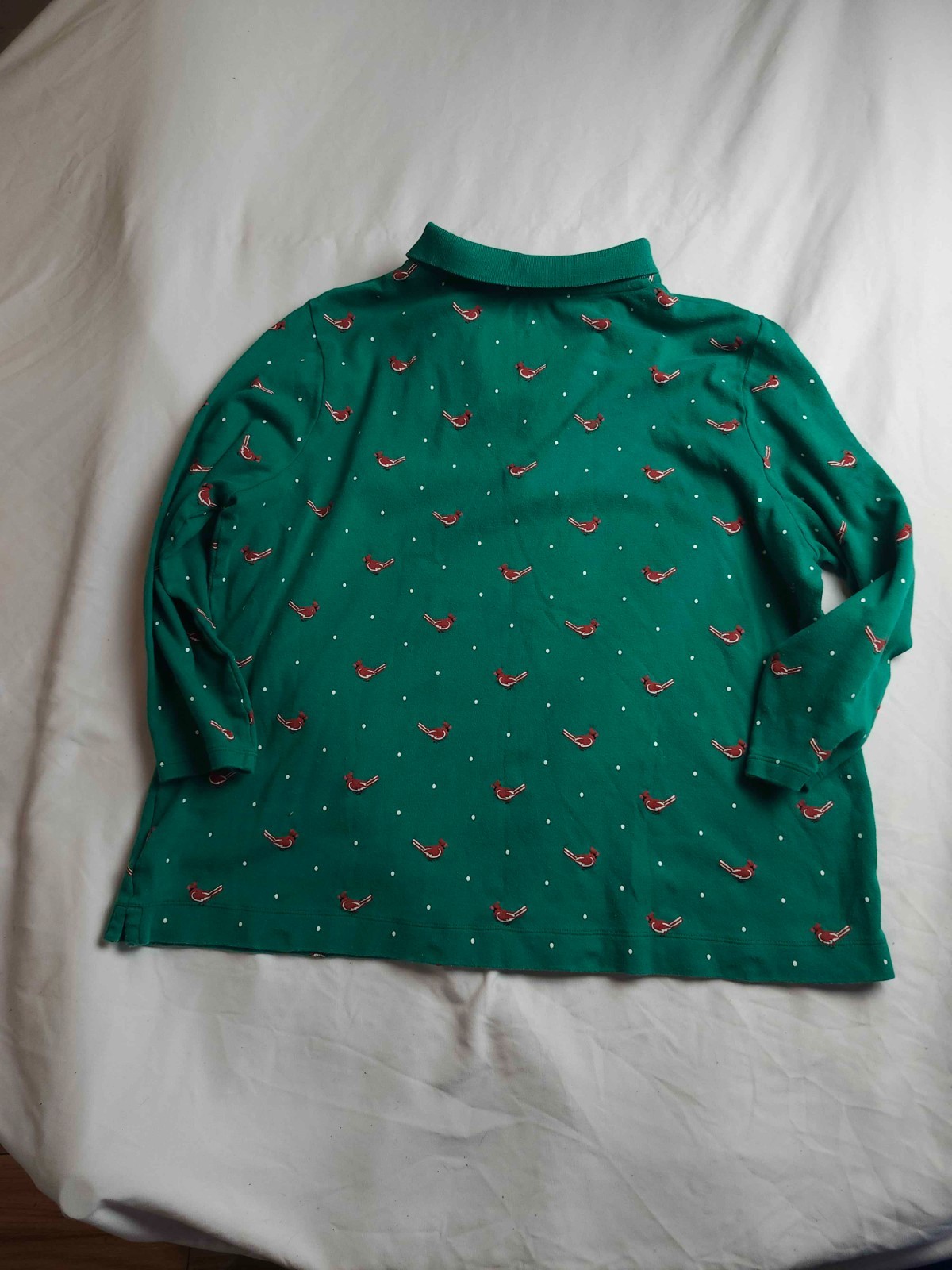 Kim Rogers Perfectly Soft Polo Shirt Womens XL Green Cardinal Bird Polka Dot