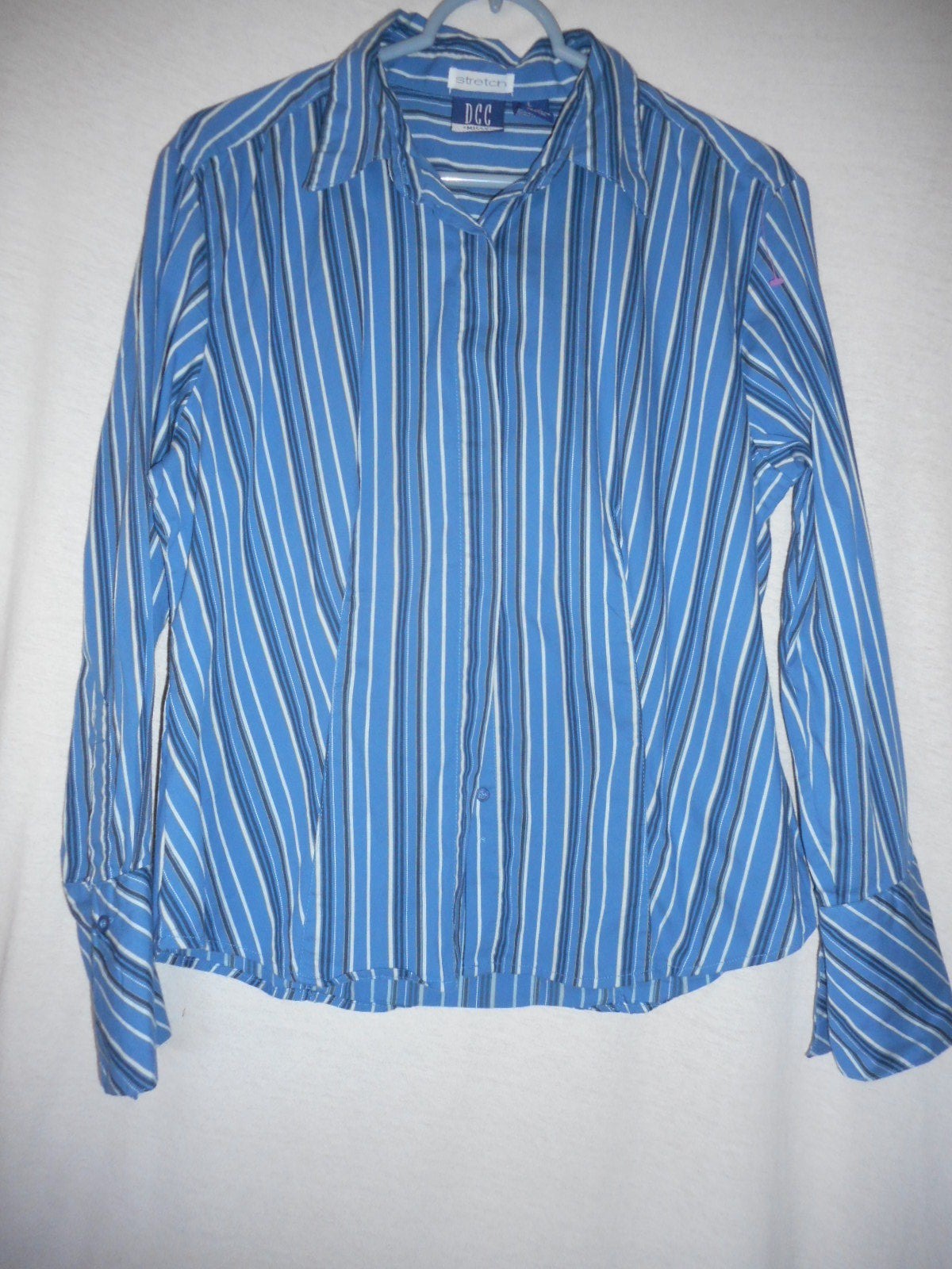 Blue White Black Striped Size L Striped Blouse top DCC Missy Stretch
