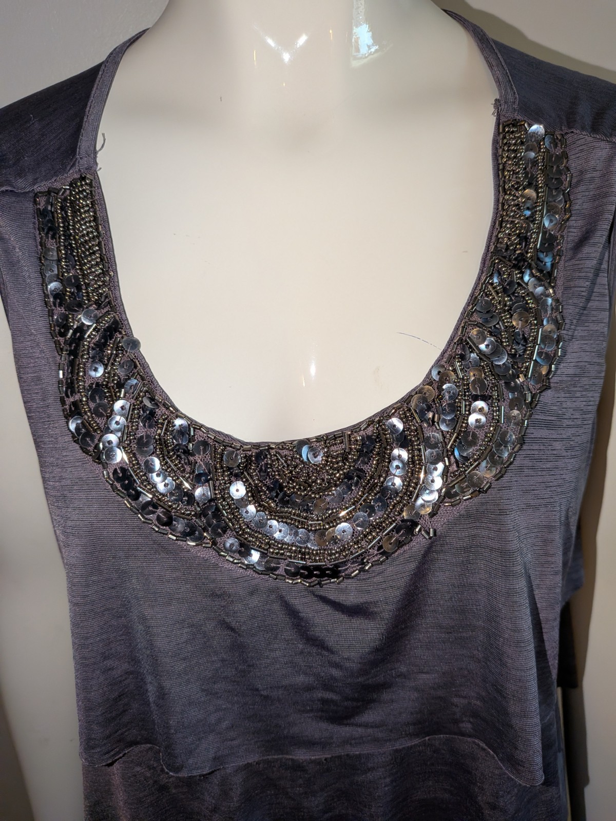 Lavish Y2K Embellished Sequin Beaded Layered Ruffle Gray Tank Top Women’s Sz XL