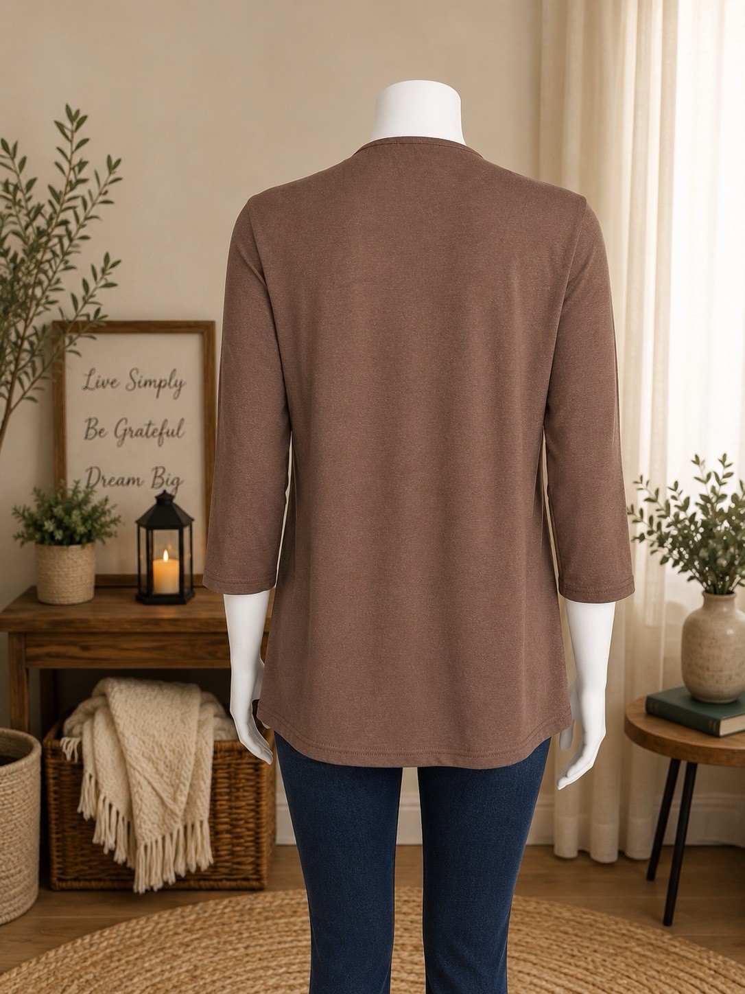 OFEEFAN Women’s Medium Light Chocolate Brown Babydoll Tunic Top 3/4 Sleeve Soft
