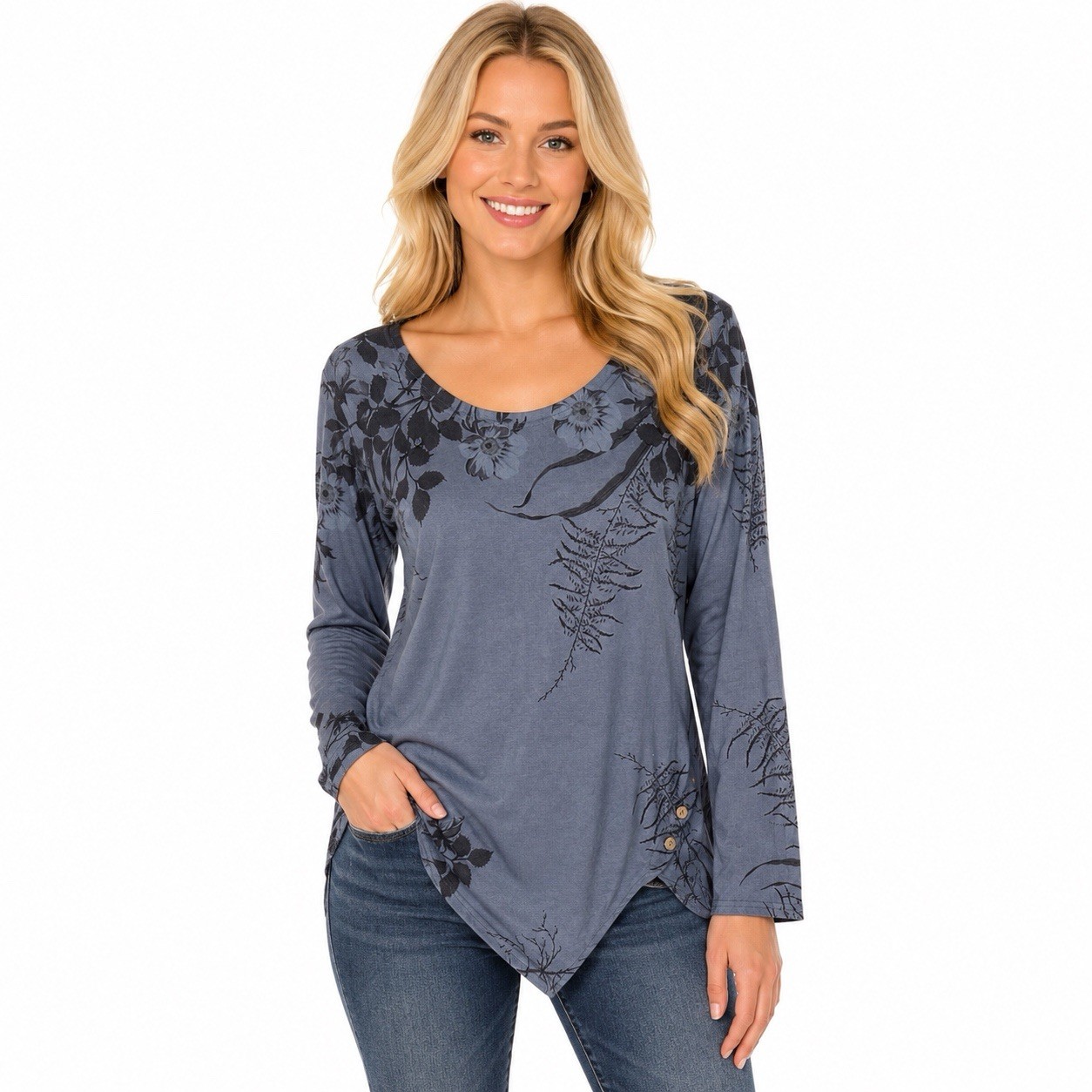 MISSLOOK XL Gray Blue Floral Asymmetrical Tunic Top Long Sleeve Scoop Neck Boho