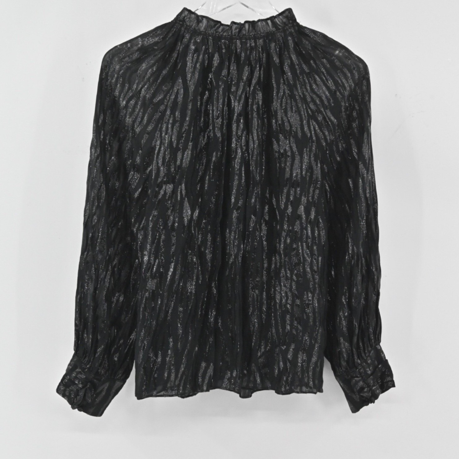 Rebecca Taylor Silk Metallic Top Womens Size 4 Black Safari Ruffle Vamp Glam
