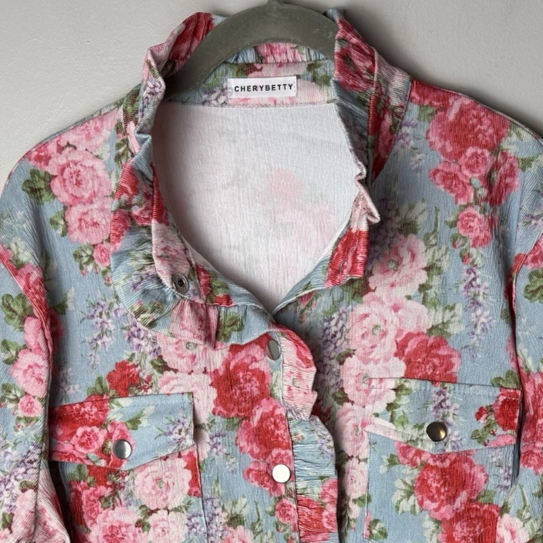 NEW CHERRYBETTY Corduroy Shirt Size XL Top Snap Front Floral Ruffles Stretch