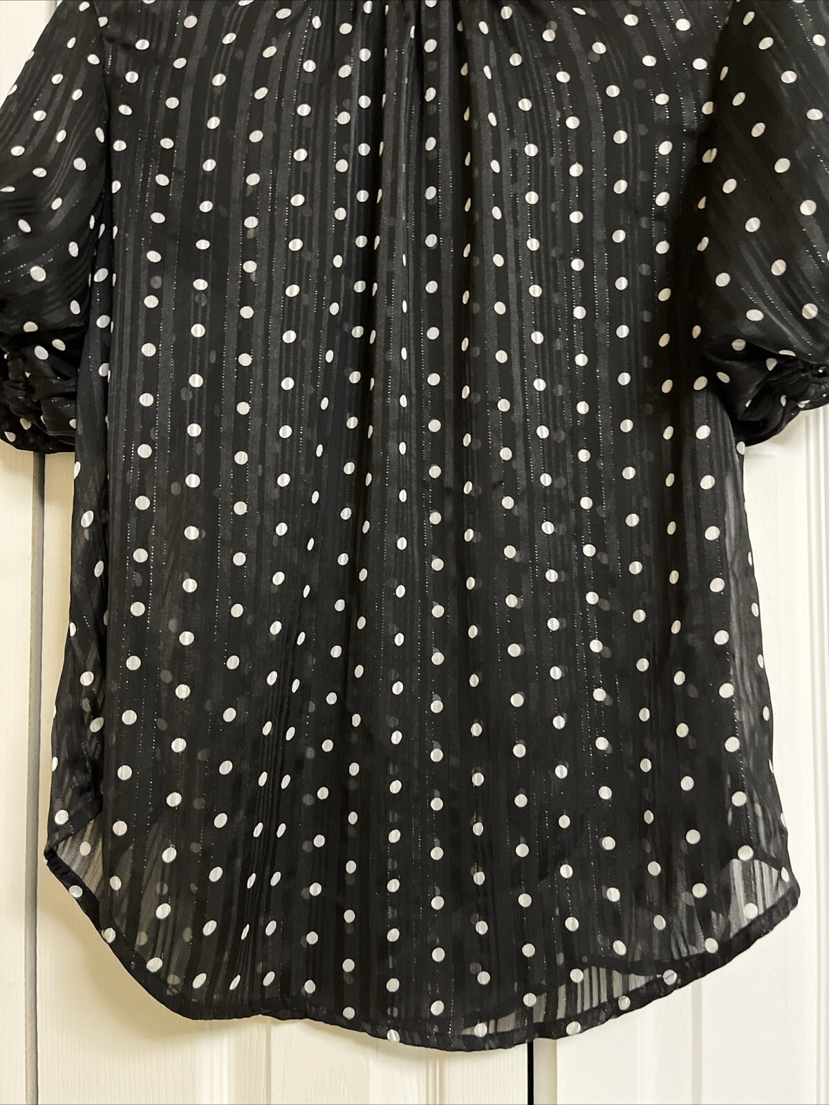 China Dolls~Short Puffed Sleeve Black & White Polka Dots~HighNeck Blouse Size XL