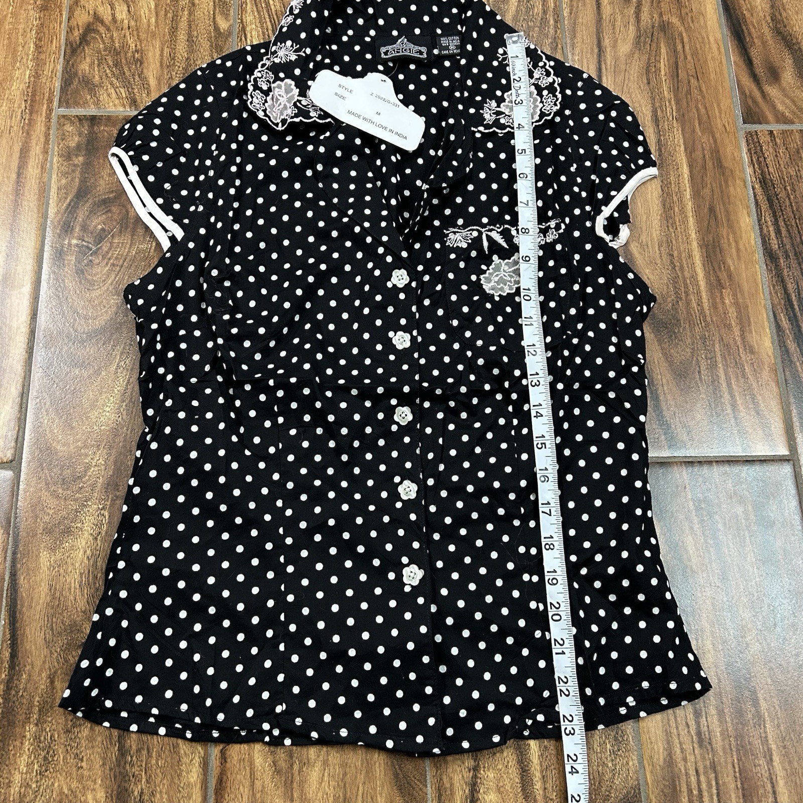 Y2K Angie Deadstock Polka Dot Fitted Button Down w/ Floral Lace Embroidery Sz M