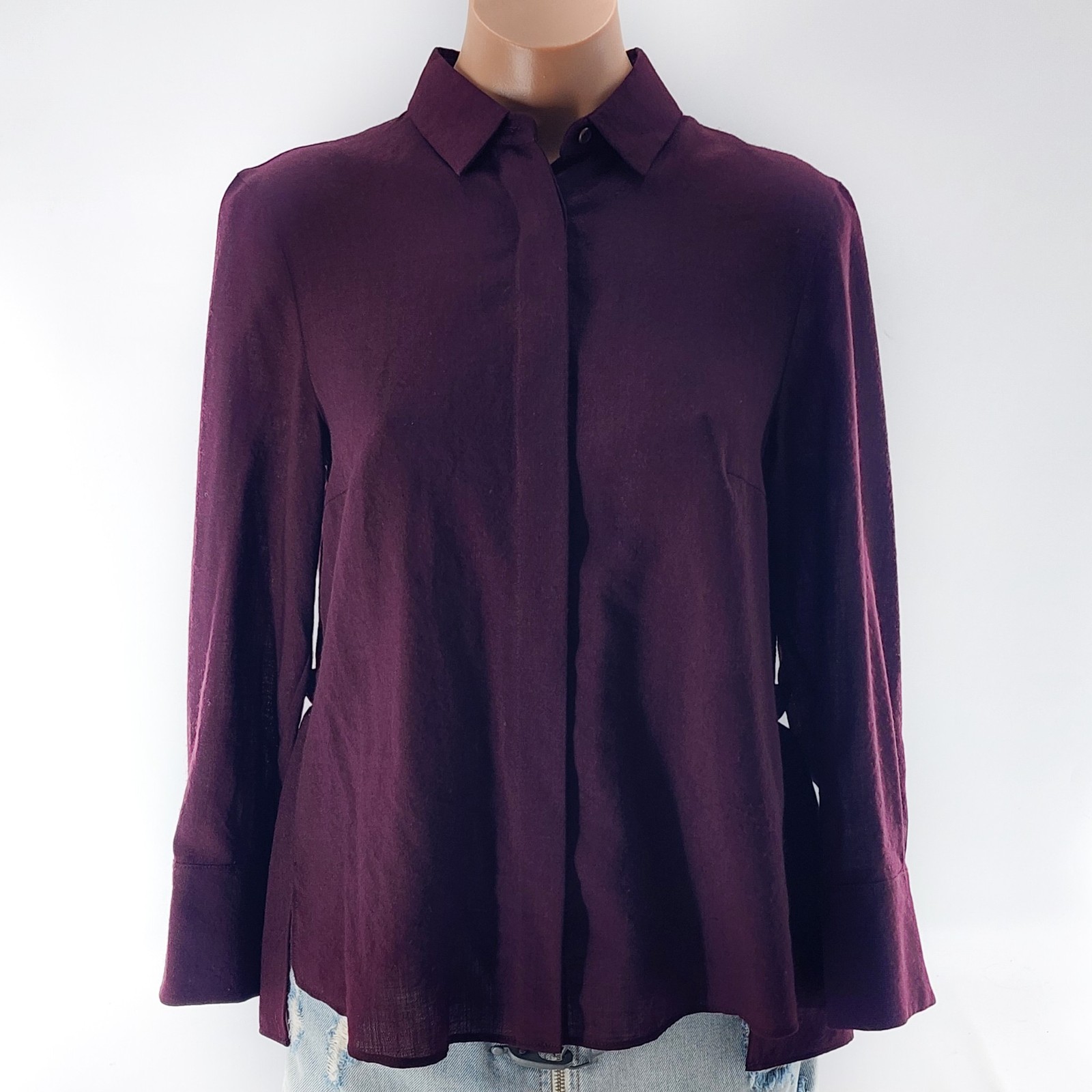 AKRIS PUNTO Wool Button Up Peplum Blouse Shirt Maroon Size 6