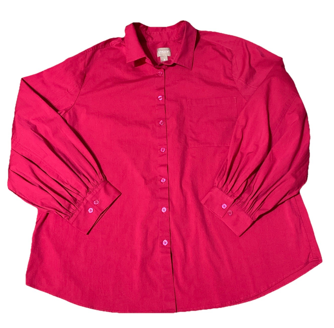 Chico’s Long Sleeve Size 3 (XL) Fushia Pink Button Up Shirt Balloon Cuff EUC
