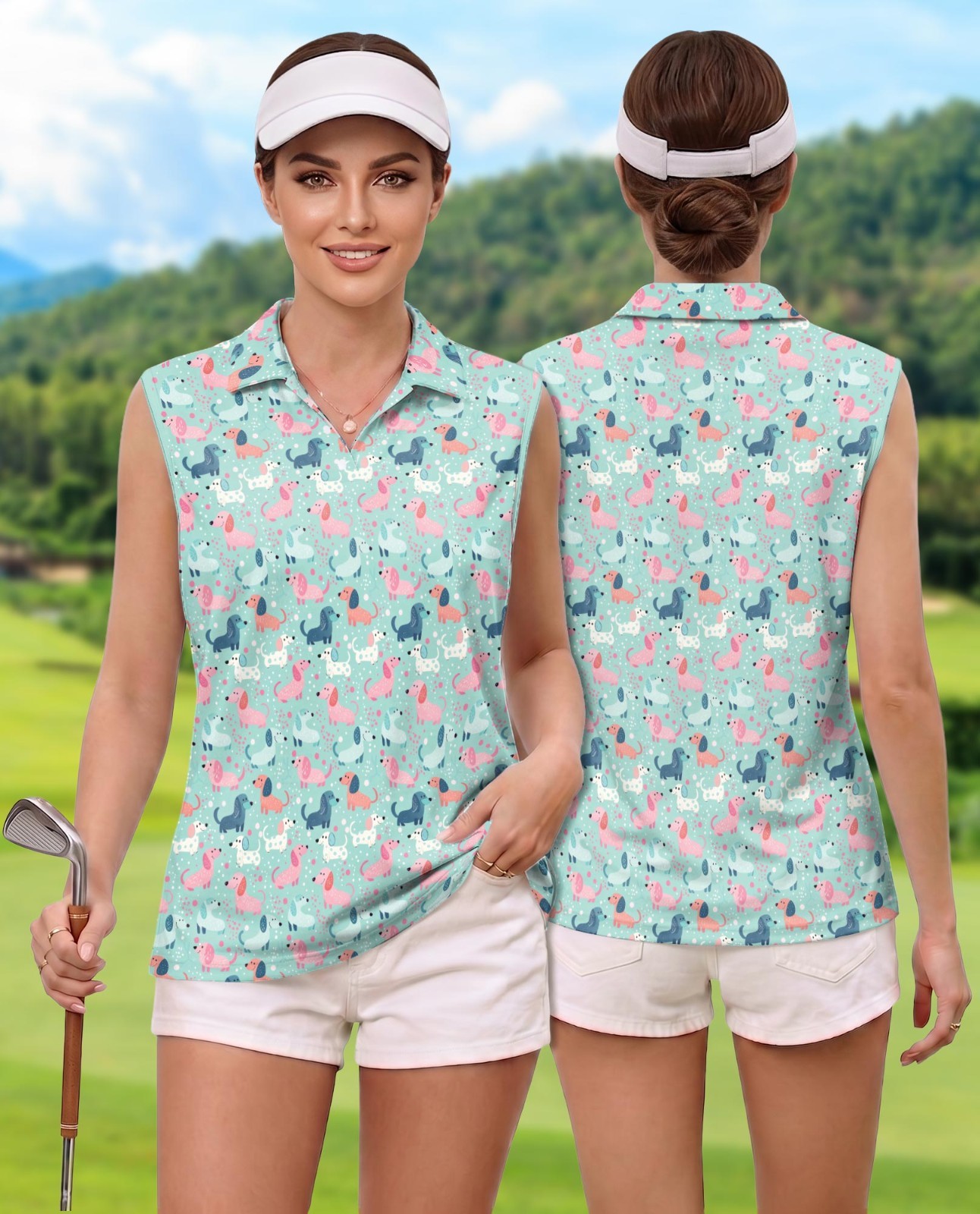 Women Sleeveless Polo Shirt Dachshund Dog Cute Animal Graphic