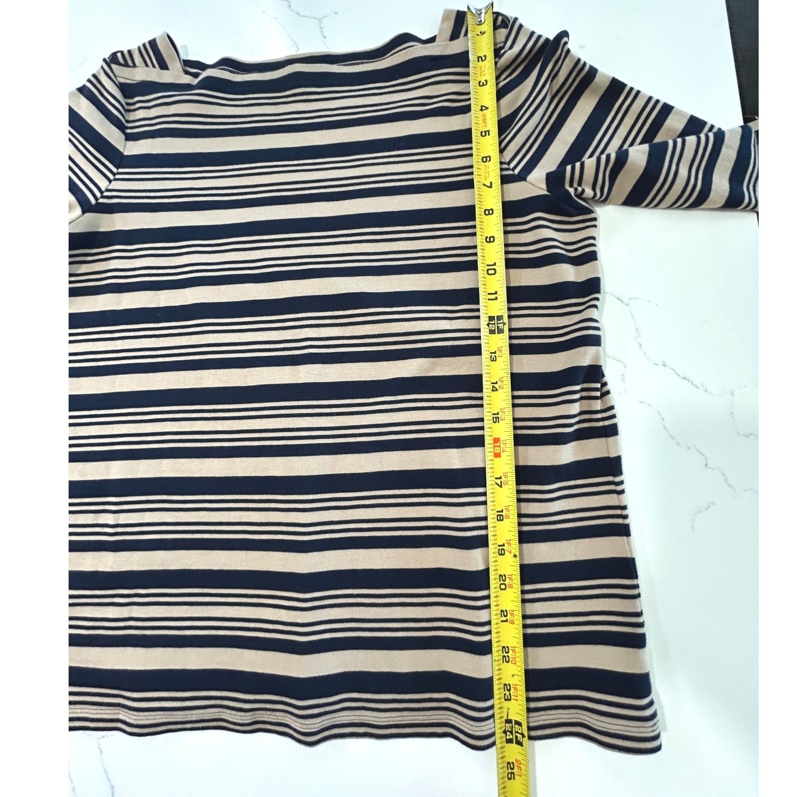Talbots Woman Navy Tan Striped Pima Boatneck 3/4 Sleeve Top 1X Preppy Coastal