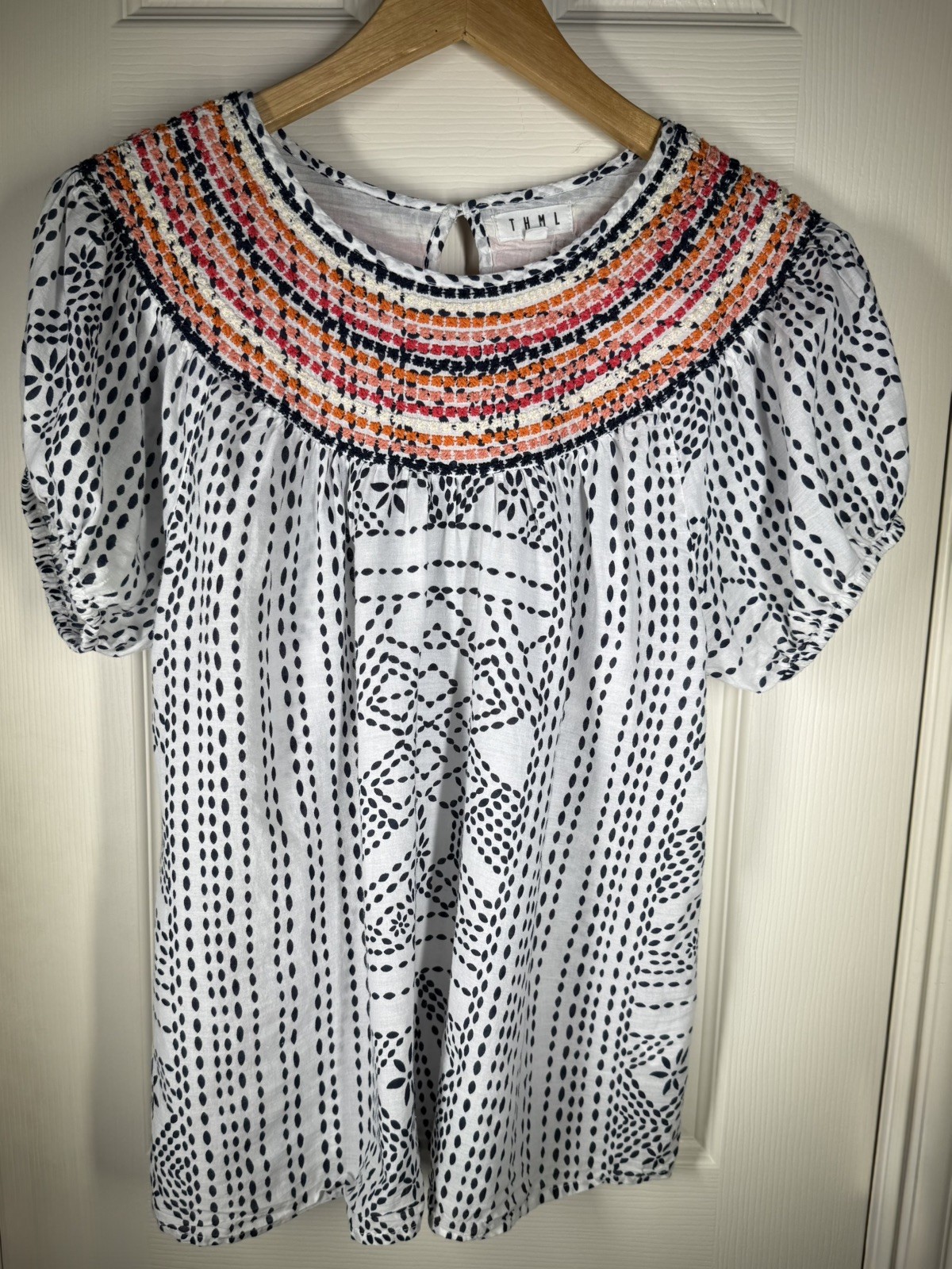 THML Top Short Puff Sleeve Embroidered Neckline Sz L Women’s Shirt Boho