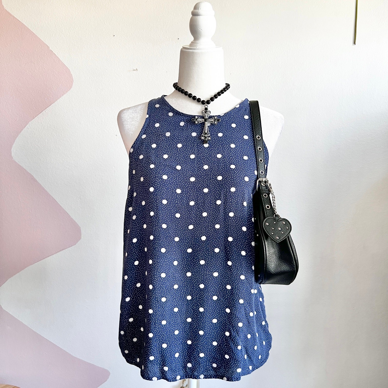 Navy Polka Dot Tank Top Nautical Classic 90s Retro Medium