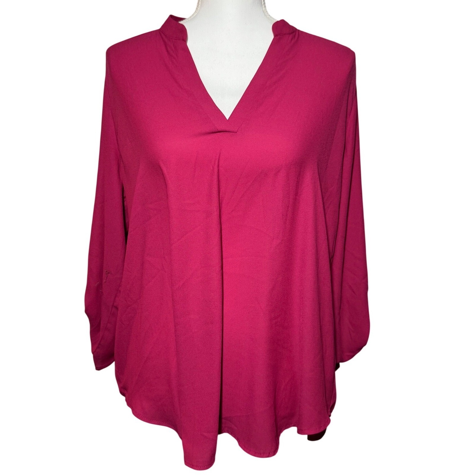 Lush Roll Tab Sleeve V-Neck Blouse Large Magenta High-Low Crepe Top