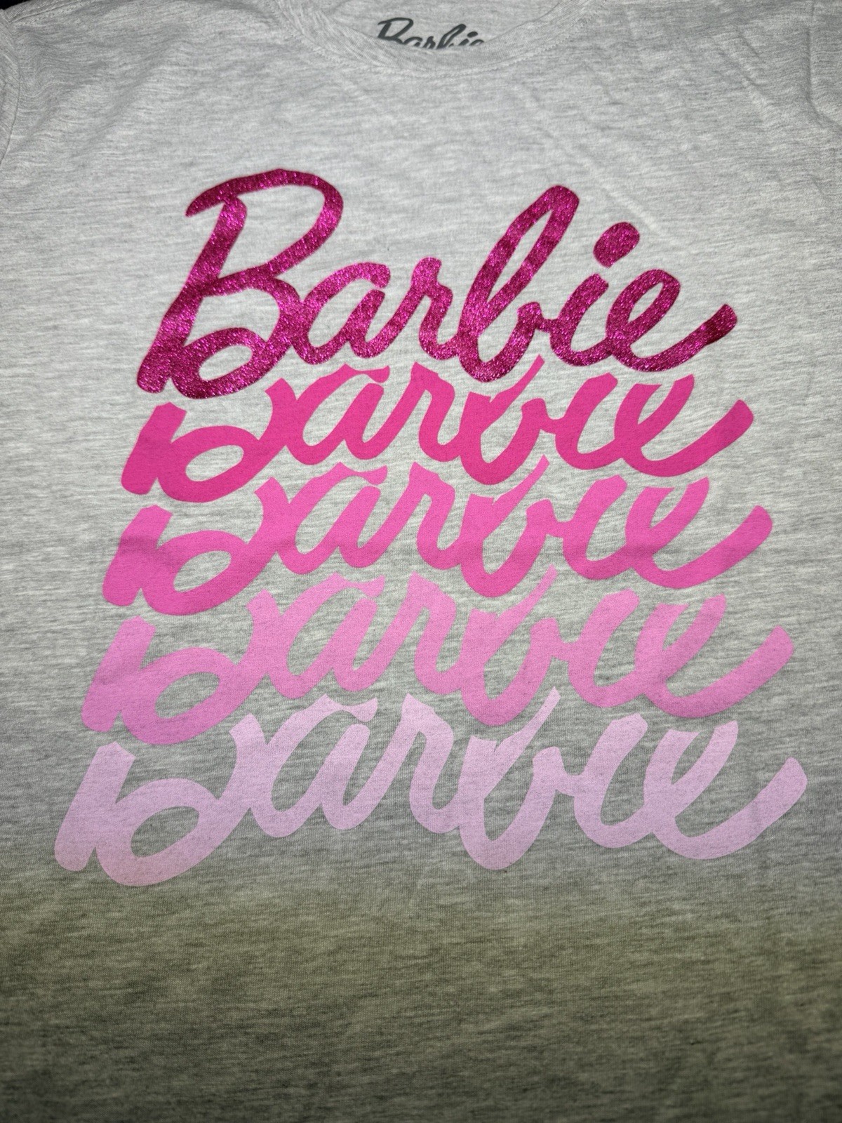 Barbie On Repeat T-Shirt Gray with PINK GLITTER Accents New Size Medium Women’s