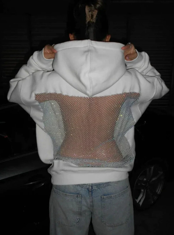 Unisex Y2K Back Cut Out Mesh Net Hoodie Oversized Pullover Sweatshirt Top