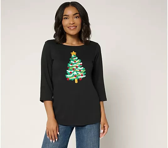 Quacker Factory Punch Needle 3/4 Sleeve Christmas Tree Top-Black-XL-NEW-A696915