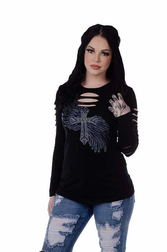 Ladies Long Sleeve Bling Cross Shirt – USA Made – 7094