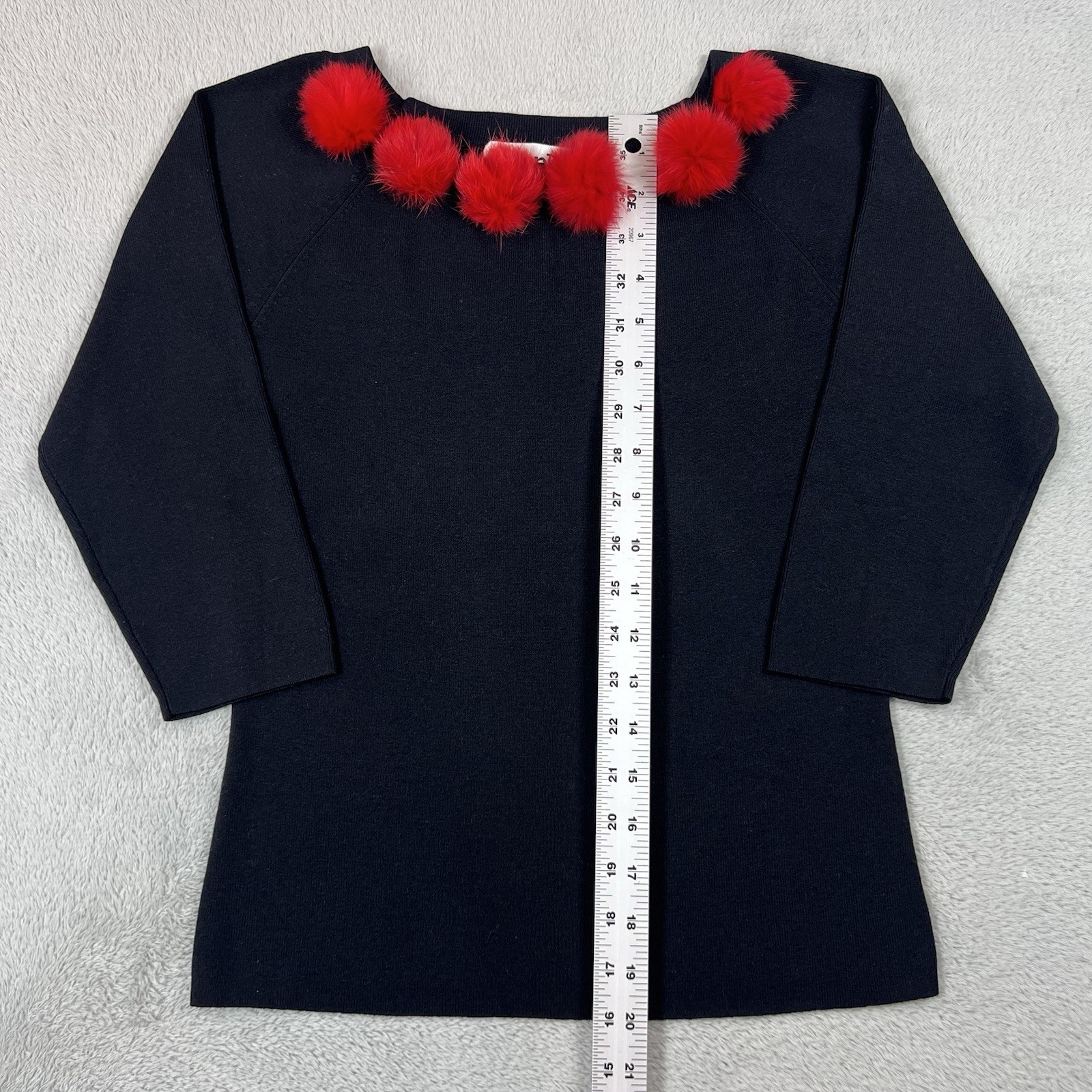 Joseph A. Top Womens Small Black with Red Rabbit Fur Pom Poms Knit Silk Blend