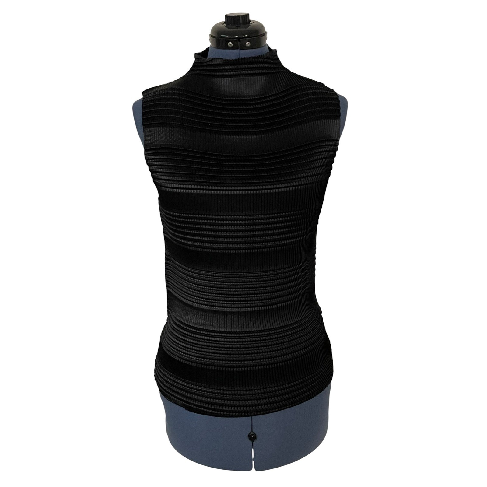 Black Accordion Pleat Mock Neck Sleeveless Slinky Top Minimalist Shell Work XL