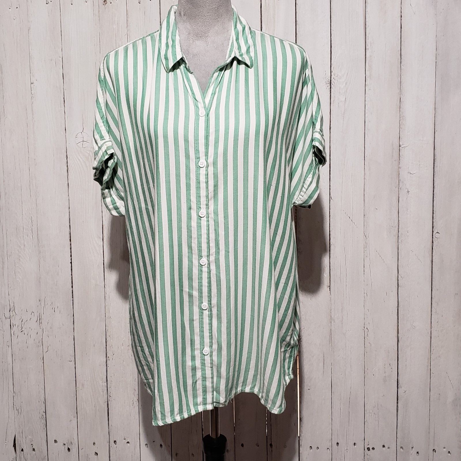 Beach Lunch Lounge L Tunic Top Dolman SS Green Stripe Relaxed Beachy Scandi Chic