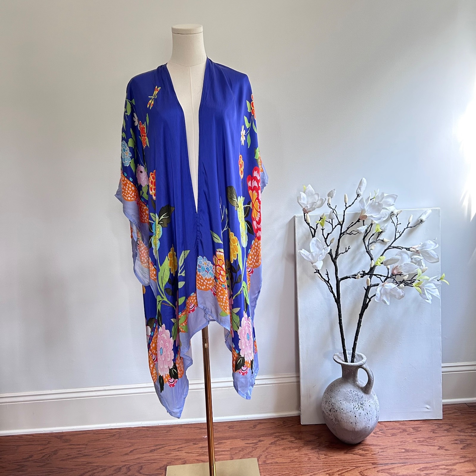 Margot Elena Peacock Floral Kimono Duster Robe OS Bemberg Silky Open Vibrant
