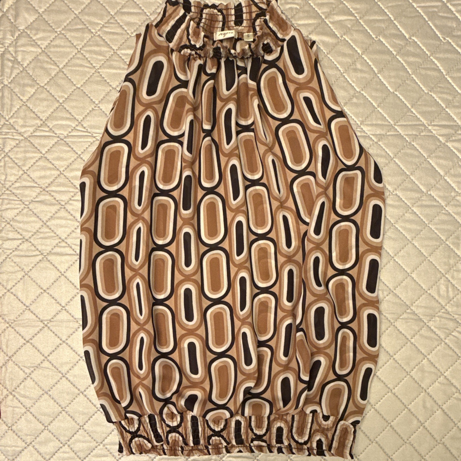 Agora Mock Neck Sleeveless Geometric Chiffon Smocked Blouse Size S