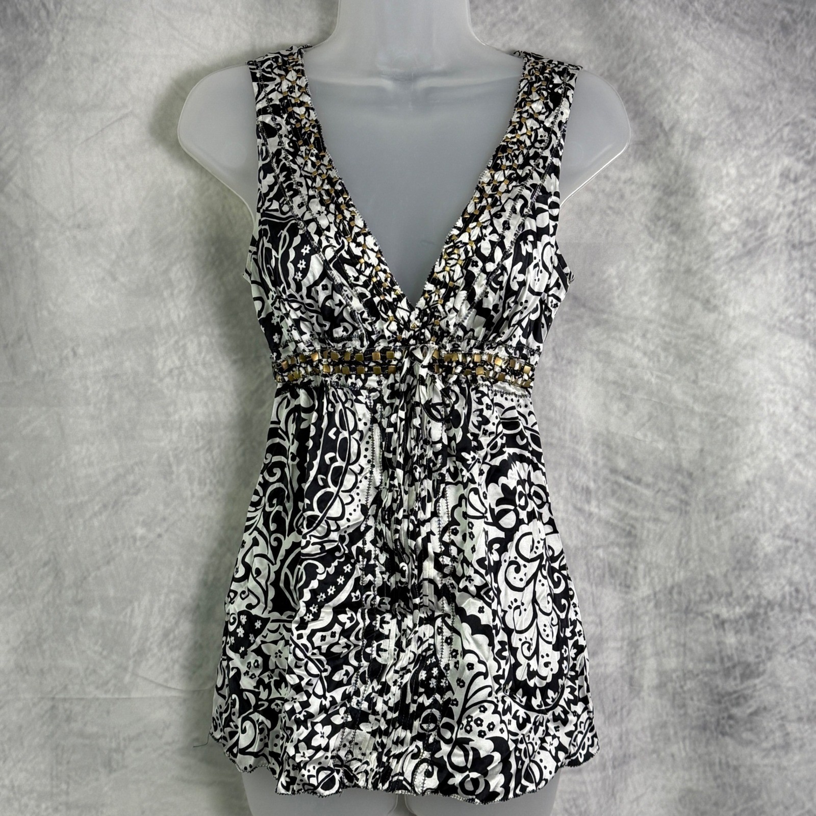 Vtg Y2K Express Design Studio Babydoll Top Sz M Black White embellished silk