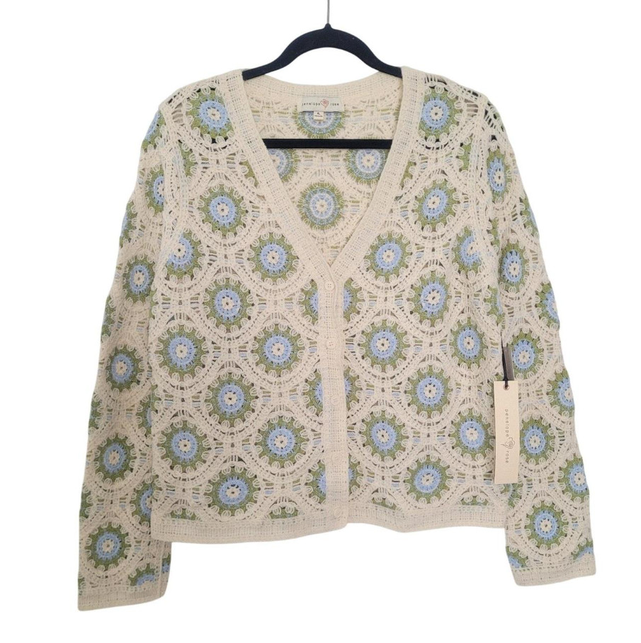 Penelope Rose Geometric Crochet Cardigan Size XL Ivory Boho Hippie Grannycore
