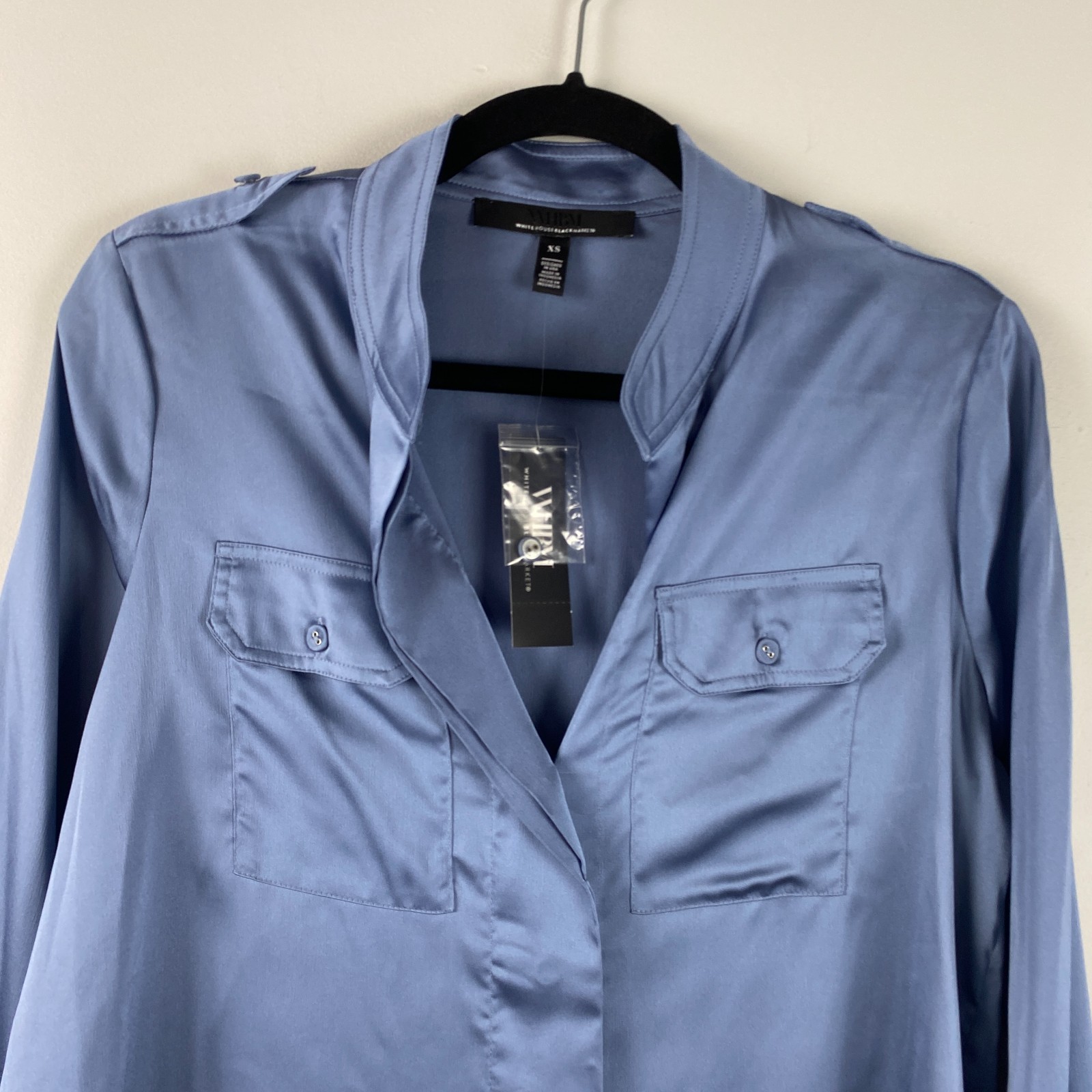 White House Black Market Satin Button Up Shirt Size XS Blue Long Sleeve