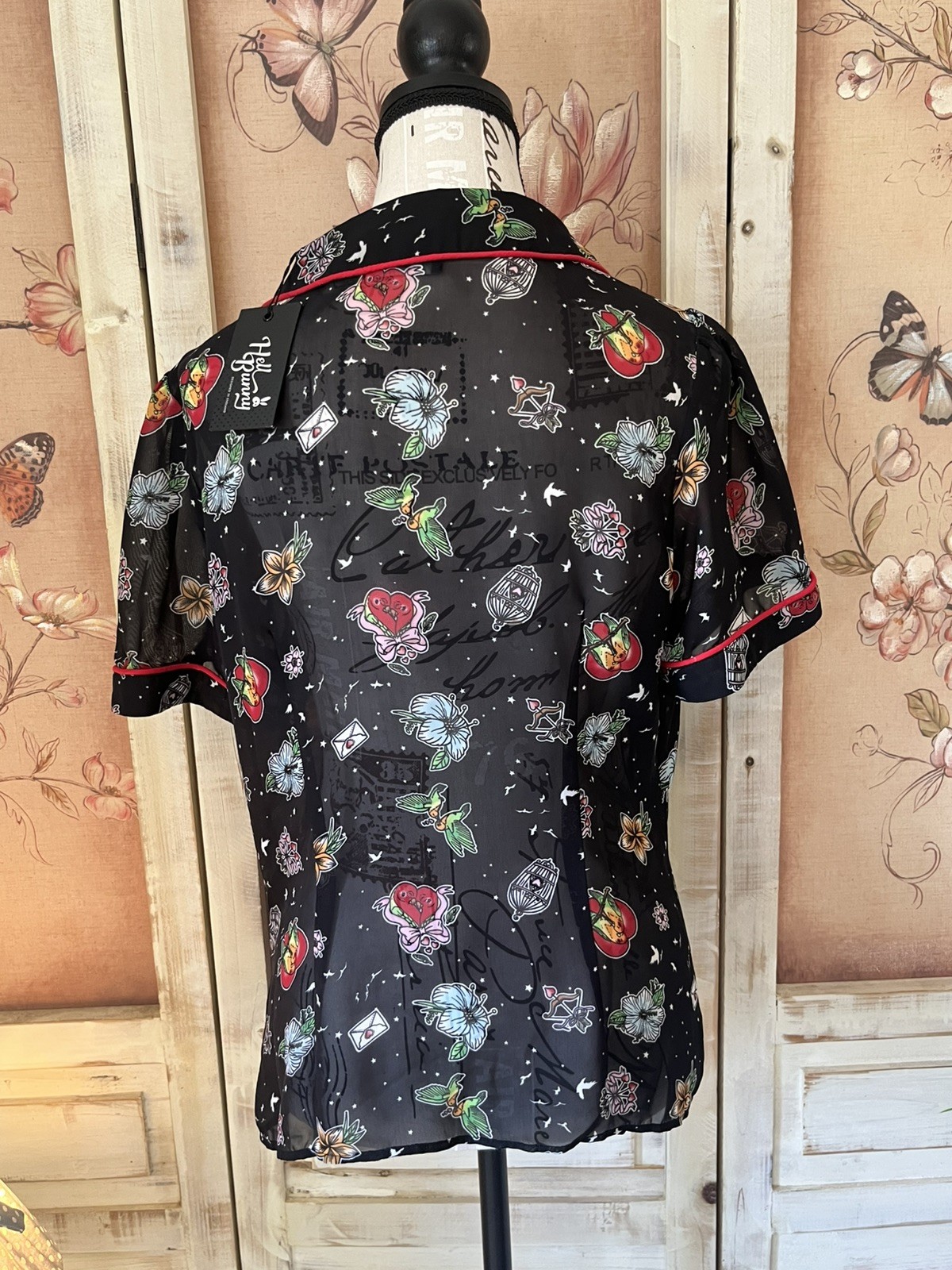 Rare Hell Bunny Lovebird Retro 50s Rockabilly Sheer Tattoo Print Blouse L /UK 14