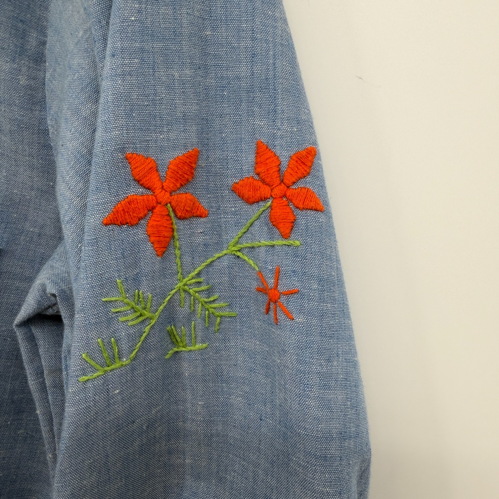 Vintage 70s Hand Embroidered Top Shirt S M Chambray Bird Butterfly Palm Tree USA