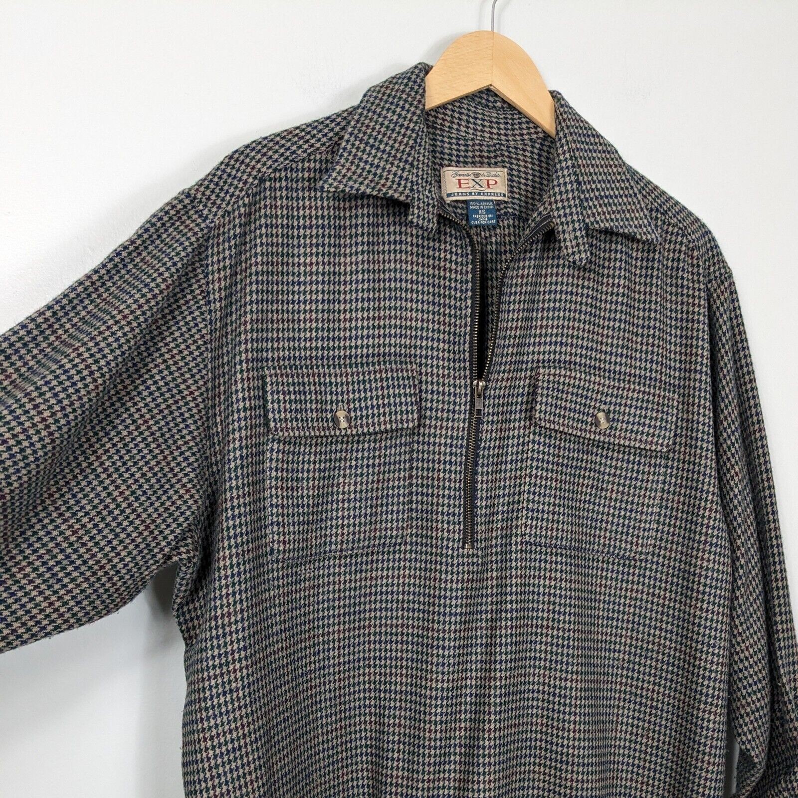 Vintage 90S 1/2 Zip Pullover Top Sweater Houndstooth Preppy Grunge Tan Blue XS