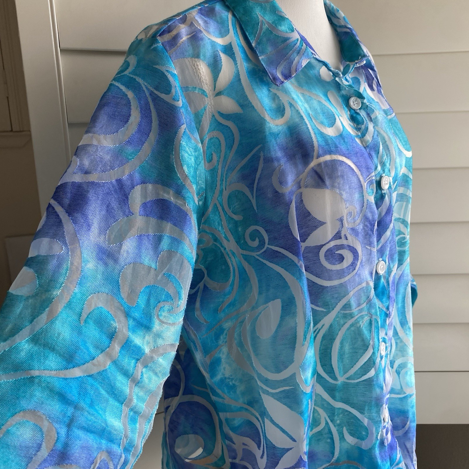 ALL HOURS Women XL Turquoise Blue Sheer Button Front Blouse USA Made Vtg Artsy