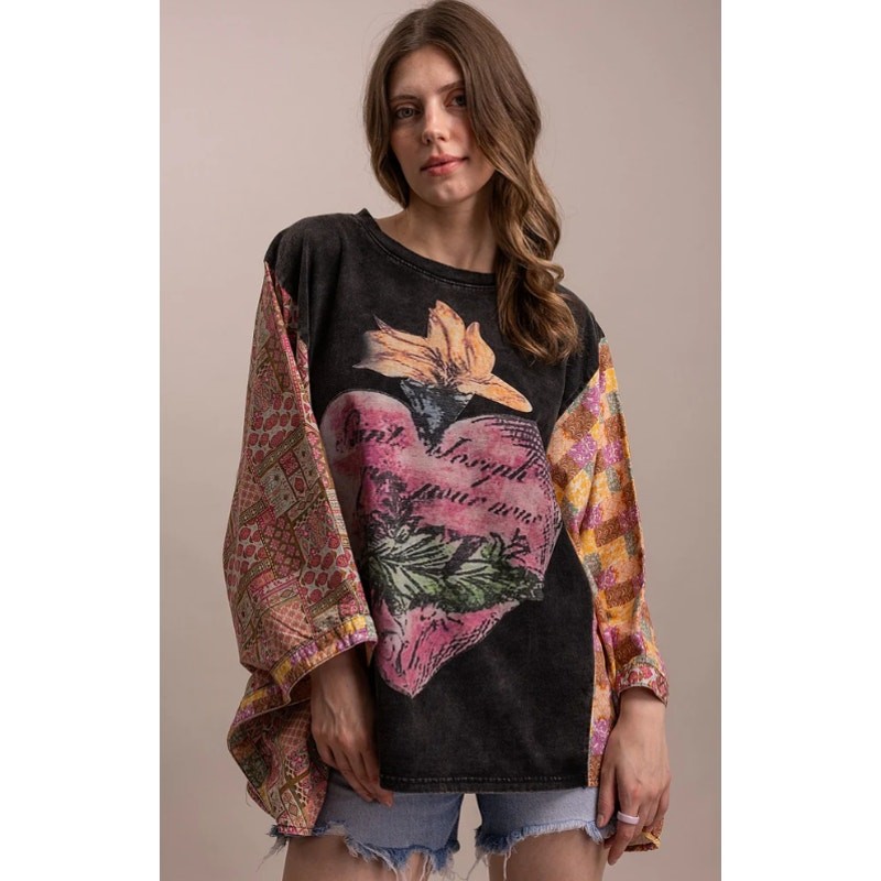 Blue Velvet Heart Graphic Patchwork Poncho Tee Kimono Sleeves – Eclectic Artist