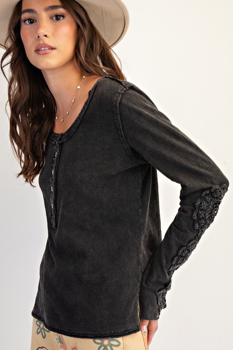 Easel Women’s Mineral Washed Crochet Lace Long Sleeve Henley Top