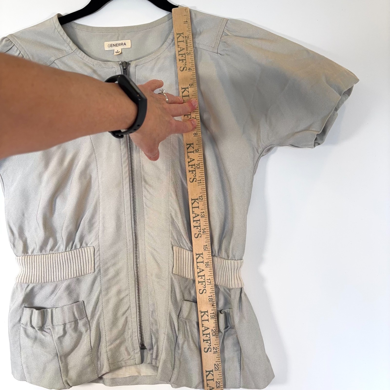 Vintage Generra Zip Front Peplum Jacket Sage Green Short Sleeve Top Womens 4