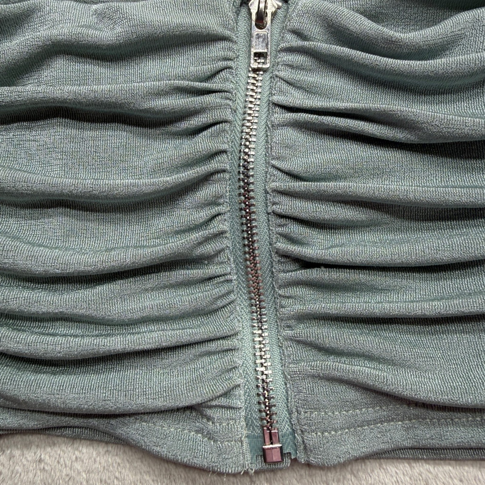 Mable Crop Top Corset Women’s Small Sage Green Ruched Metallic Shimmer Back Zip